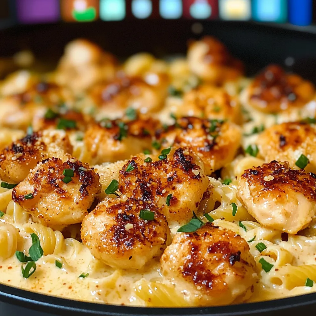 Garlic Butter Chicken Bites with Savory Creamy Parmesan Pasta and Fresh Herbs